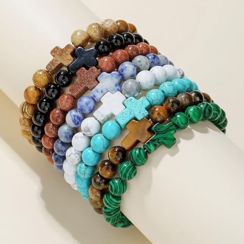 Beaded Bracelets Cross Bracelet for Women Men Lava Rock Turquoise Tiger Eye Natural Bracelet Anxiety Healing - color: 8Pcs-coloured cross