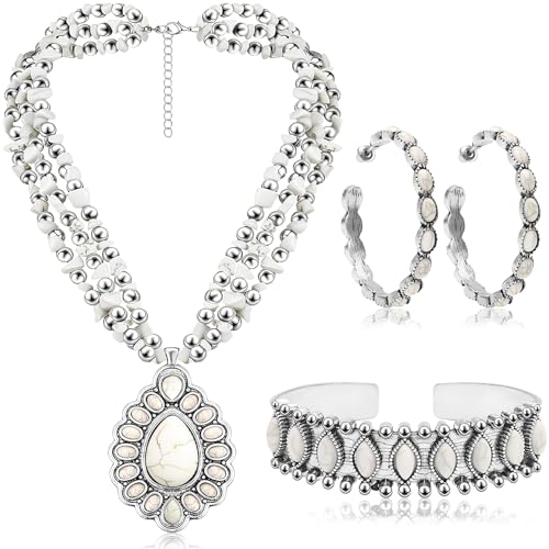 NEWITIN 4 Pieces Silver Bohemian Jewelry Set for Women Fashion Costume Jewels Turquoise Necklace Bracelet Earrings Western Turquoise Jewelry Set for Women - color: White Turquoise B