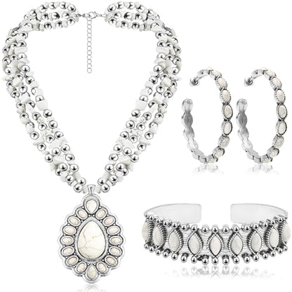 NEWITIN 4 Pieces Silver Bohemian Jewelry Set for Women Fashion Costume Jewels Turquoise Necklace Bracelet Earrings Western Turquoise Jewelry Set for Women - color: White Turquoise B