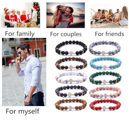 Beaded Bracelets Cross Bracelet for Women Men Lava Rock Turquoise Tiger Eye Natural Bracelet Anxiety Healing - color: 10Pcs- white cross