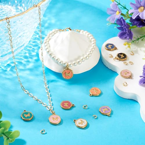 8Pcs Cute Butterfly Enamel Charms Stainless Steel Pendant Mixed Color Flat Round with Butterfly Dangle Charm Golden for DIY Necklace Earring Keychain Jewelry Making - color: Butterfly