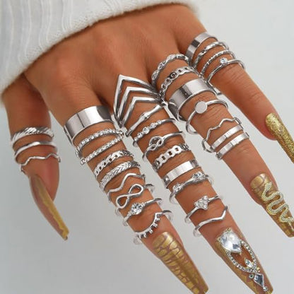 Gold Rings for Women Non Tarnish Stackable Rhinestone Moon Star Rings Dainty Stacking Pearl Butterfly Midi Pinky Thumb Joint Finger Knuckle Ring Set Gold Non Tarnish Jewelry Gifts Trendy Stuff - color: B Silver Stackable Rings 30Pcs