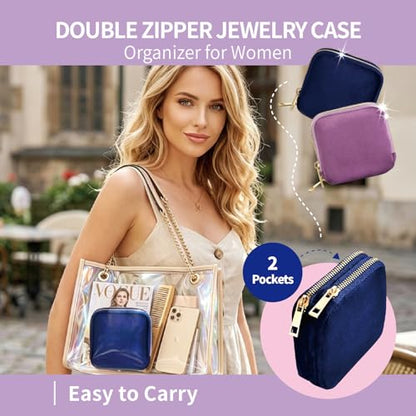 Small Travel Jewelry Case with Earring Box Mini Jewelry Case | Double-Layer Velvet Travel Jewelry Organizer Pouch with 7 grids & 4 Pockets, for Necklace Bracelet, Gifts for Women,Navy Blue - color: Dark blue double-layer
