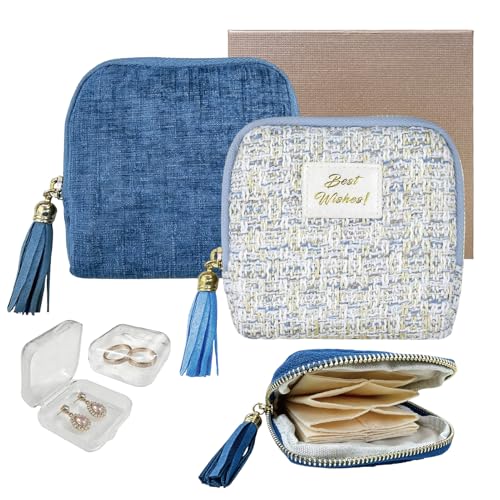 2PCS Small Travel Jewelry Case with Earring Box Mini Jewelry Case | 6-Layer Portable Chenille Travel Jewelry Organizer Pouch for Bangle Necklace Earrings Ring Bracelet, Gifts for Women & Men - color: 2PCS Light blue