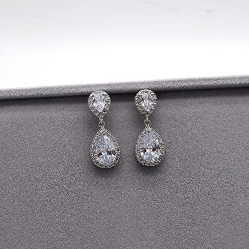 Bride Teardrop Earrings & Bracelet Wedding Jewelry Set, Cubic Zirconia Bridal Bridesmaid Party Formal Prom Gift - color: White Gold
