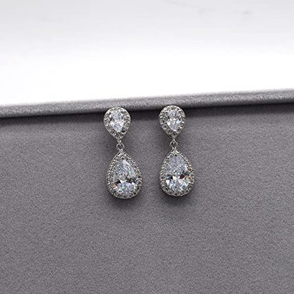Bride Teardrop Earrings & Bracelet Wedding Jewelry Set, Cubic Zirconia Bridal Bridesmaid Party Formal Prom Gift - color: White Gold