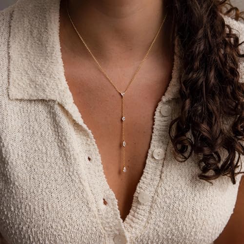 Lariat Gold Necklace for Women, 14K Gold Plated Dainty Drop Y Necklace, Waterproof Non Tarnish Long Layered Beaded Chain Lariat Necklace Prom Jewelry Summer Vacation Gift for Her - color: Gold-1