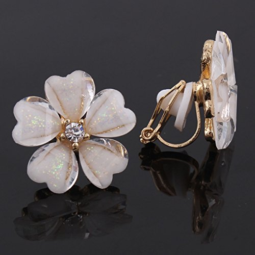 Silver Plated or Gold Plated Opal Flower Shape Clip on Earrings Non Piercing for Women - color: Gold