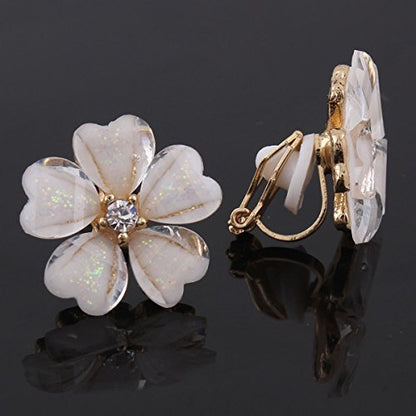 Silver Plated or Gold Plated Opal Flower Shape Clip on Earrings Non Piercing for Women - color: Gold