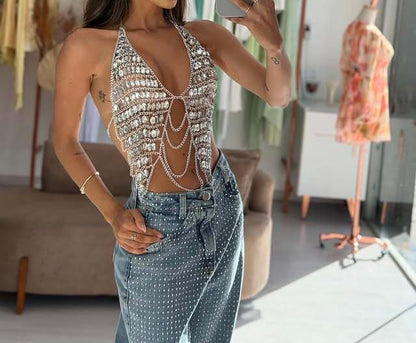Crystal Chest Chain Festival Rave Party Outfit Top Body Chain Women Sparkly Rhinestone Halter Bra Chain Nightclub Crop Top Body Jewerly