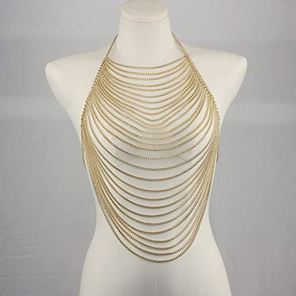 CHRAN Multi-Layer Body Chain Necklace, Gold Metal Chain Halter Top Jewelry, Sexy Chest Chain Accessory for Women - color: Golden