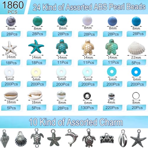 1860Pcs Ocean Beads for Bracelets Making Kit, Blue and White Summer Beach Bead for Jewelry Making, Sea Turtle Shell Starfish Shape Beads 8mm Round Cly Bead for DIY Craft Bracelets Earring (Blue) - color: Blue