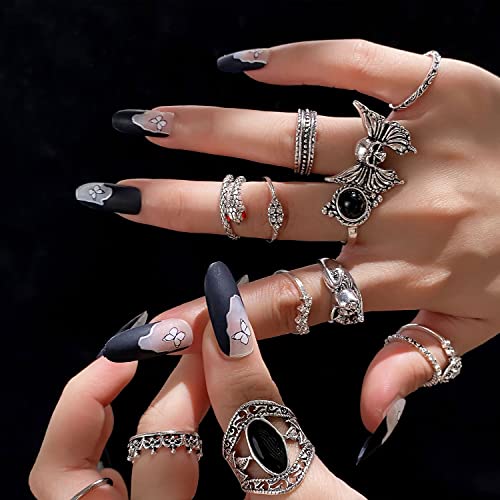 17IF 26-35 Pcs Vintage Silver Knuckle Ring Set for Women Men, Gothic Rings | Grunge Chunky Aesthetic Snake Stackable Adjustable Punk Bulky Finger Alt Fairy Skull Frog Heart Star Flower Midi Ring Pack - style: 26 Pcs