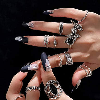 17IF 26-35 Pcs Vintage Silver Knuckle Ring Set for Women Men, Gothic Rings | Grunge Chunky Aesthetic Snake Stackable Adjustable Punk Bulky Finger Alt Fairy Skull Frog Heart Star Flower Midi Ring Pack - style: 26 Pcs