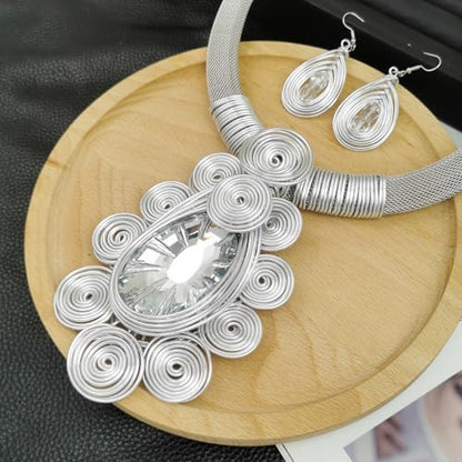 African Jewelry Sets Statement Big Crystal Pendent Necklace Earrings Set For Women Handmade Bib Collar Costume Tribal Fashion Accessories - color: KDLUN5305 Silver
