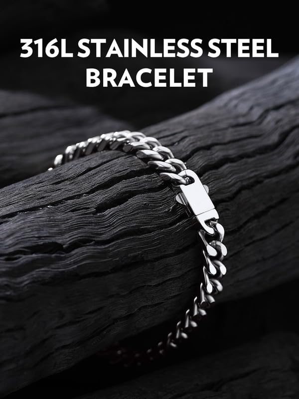 Bandmax Mens Hip Hop Cuban Link Bracelets 5/7/9/12MM Stainless Steel Miami Curb Chain Bracelet Silver/Gold Plated/Black Wristlet Chains for Men 7"-9" - color: 04 7MM-Steel