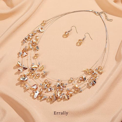 Multi-Layer Boho Shell Beaded Necklace for Women Colorful Crystal Strand with Silver Beads Statement Collars Necklace and Earrings Costumes Jewelry Sets for Women - color: 45-Champagne