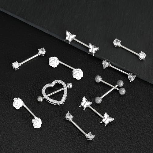 9 Pairs 14G Stainless Steel Nipple Rings Tongue Ring Straight Nipple Barbells Cute Butterfly Rose Opal Moon Heart CZ Body Piercing Jewelry for Women Pink Silver Tone