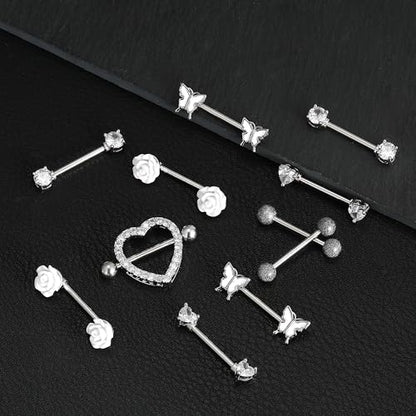 9 Pairs 14G Stainless Steel Nipple Rings Tongue Ring Straight Nipple Barbells Cute Butterfly Rose Opal Moon Heart CZ Body Piercing Jewelry for Women Pink Silver Tone