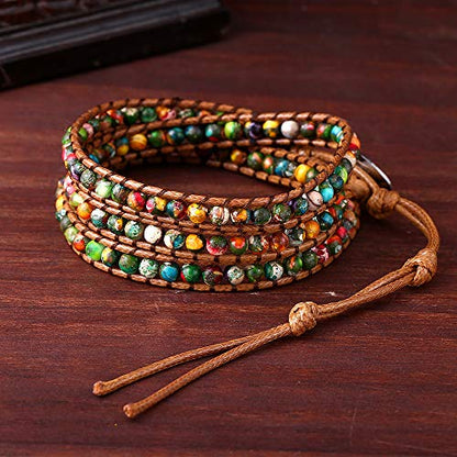 Plumiss Women Boho Handmade Natural Stone Crystal Leather Bead Wrap Bracelets Collection - style: Colorful Jasper 3w