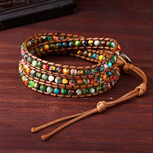 Plumiss Women Boho Handmade Natural Stone Crystal Leather Bead Wrap Bracelets Collection - style: Colorful Jasper 3w