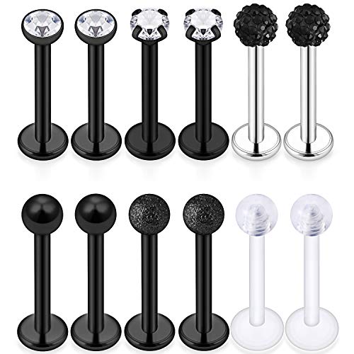 16G Stainless Steel Labret Studs Monroe Lip Rings Retainer Cartilage Tragus Nail Conch Helix Earring Barbell Piercing Jewelry with Clear Diamond CZ for Women Men - color: 12Pcs-8mm-black