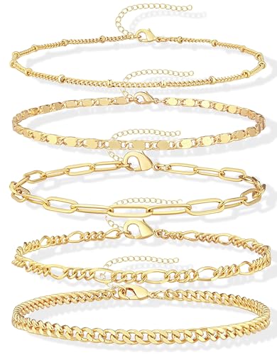 Gold Bracelets Set for Women Non Tarnish Trendy,14K Gold Plated Dainty Stackable Paperclip Cuban Link Chain Bracelets, Simple Cute Cuff Bracelets Jewelry Set Adjustable 7"+2" - color: Gold