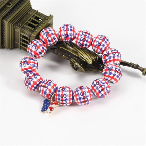 Independence Day Wooden Beaded Bracelet for Women American Flag Red White Blue Beads Stretch Bracelet with Star Heart Charms 4th of July Jewelry - color: Butterfly