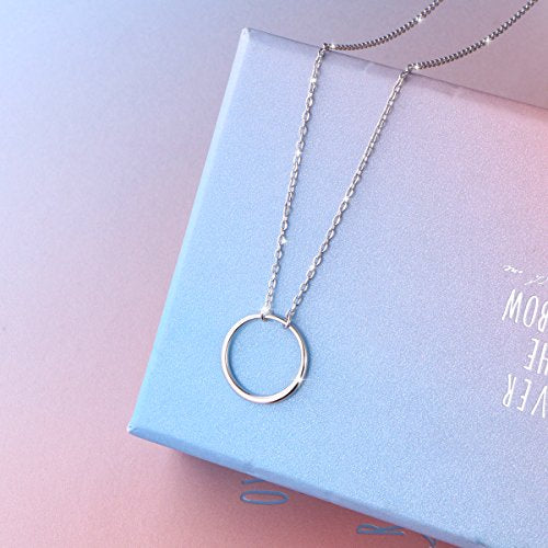 Ladytree S925 Sterling Silver Circle Necklace for Women Dainty Simple Open Circle Pendant Day Collar Style with Rolo Chain 18+2 Inch Trendy Silver Necklace