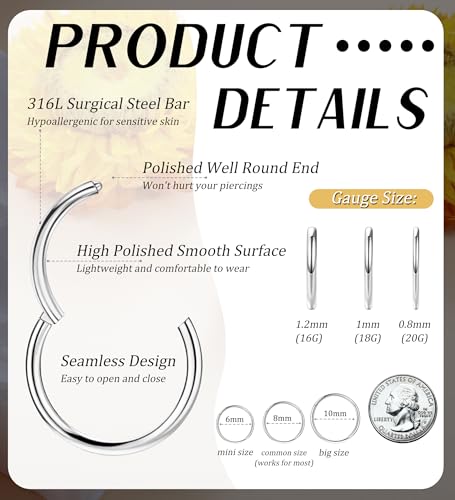 3pcs Nose Rings Hoops - 316L Surgical Steel Nose Hoops 16G/18G/20G CZ Opal Turquoise Clicker Septum Nose Ring Lip Helix Cartilage Hoop Earring Daith Rook Conch Body Piercing Jewelry for Women Men 6mm 8mm 10mm - color: Silver, size: 20 gauge(0.8mm)-10mm