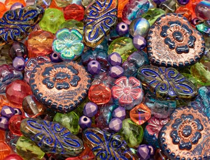 2.1oz (60 g) Mix of Unique Czech Bohemia Glass Pressed Beads, Crazy Purple Green Copper, Table Cut, Matte and Glossy, Faceted Fire Polish, Hand Made Set Kit BCV - color: Crazy 1 Violet Purple Green Copper Mix