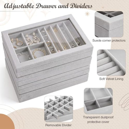 SiliFine Set of 4 Large Stackable Velvet Jewelry Trays with 4 Lids,Gray - color: Gray
