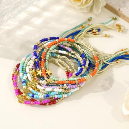 Colorful Stackable Rice Small Mini Seed Beaded Bracelets Set For Women, Handmade Dainty Boho Gold Glass Stretch Accessories Jewelry,Summer Beach Party Daily Friendship Gift - color: 12Pcs Star