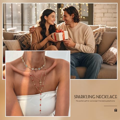 Layered Cross Necklace Set for Women, Layered Choker Necklaces Trendy Jewelry, Colorful Enamel Beaded Y-Shaped Lariat Necklace, Boho Multilayer Cross Necklace for Party and Daily Wear - color: Gold-04