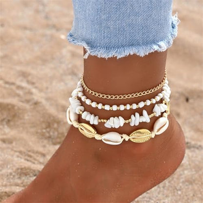 Shell Ankle Bracelet Set for Women,Boho Adjustable Beads Anklet Pack Natural White Shells Stack Stretch Seashell Pearl Starfish Bracelet Set Hawaiian Beach Vacation Foot Jewelry - style: E-Shell Beads 4Pcs
