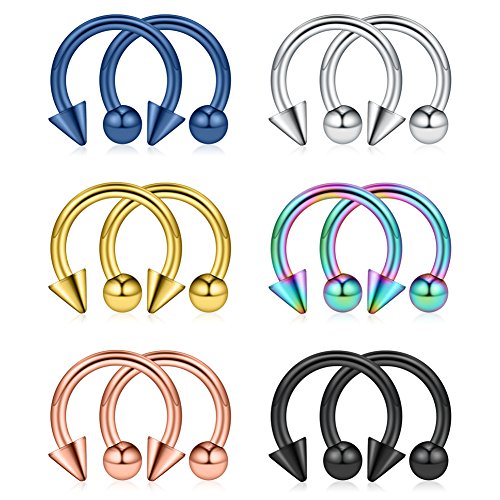 12PCS 12G Surgical Steel Nose PA Septum Horseshoe Hoop Earring Eyebrow Tragus Lip Piercing Ring - style: 10mm w Balls & Spikes
