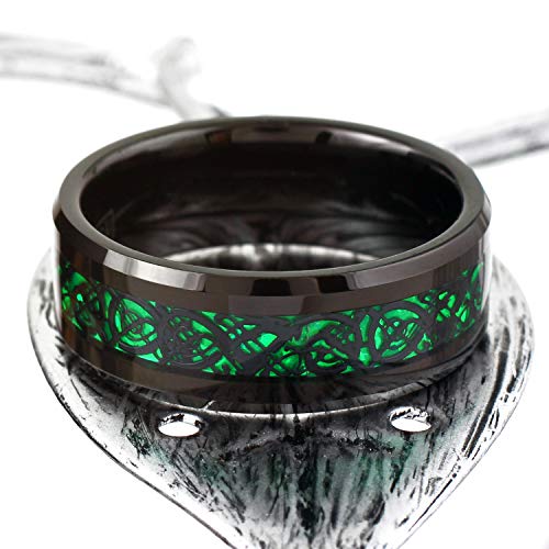 Engraved Personalized 6mm/8mm Polished Black Tungsten Carbide Band Ring w/Black Celtic Dragon on Iridescent Kelly Green Faux Carbon Fiber Inlay.