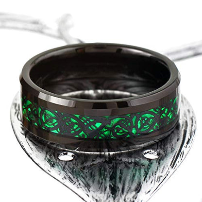 Engraved Personalized 6mm/8mm Polished Black Tungsten Carbide Band Ring w/Black Celtic Dragon on Iridescent Kelly Green Faux Carbon Fiber Inlay.
