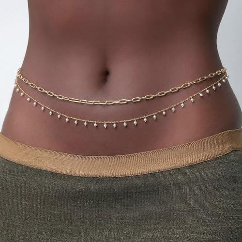 14K Gold Plated Waist Chain for Women Layered Waist Beads Belly Chain Belt, Waterproof Summer Beach Body Jewelry for Bikini, Festival Vacation Accessories for Women - style: Pearl Tassel-Gold