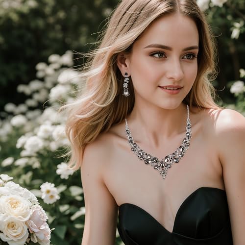 Women's Wedding Statement Necklace Dangle Earring Jewelry | Austrian Crystal Teardrop Cluster,Necklaces Earrings Set for Bride Bridesmaid,Prom Accessories - color: 08-Grey Black Silver-Tone