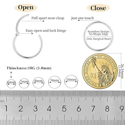 10Pcs 18G 20G Surgical Steel Nose Rings Hoops for Women Men Hinged Seamless Clicker Nose Hoops Cartilage Helix Tragus Daith Sleeper Earrings Hoop Hypoallergenic Nose Piercing 6/7/8/9/10MM - color: silver, size: 18G