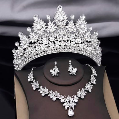 Crowns and Tiaras Jewelry Set for Women.Wedding (Gold Green) | Wedding Crown, Necklace Earrings, Princess Queen Birthday Party, Pageant Bridal, Costume Accessories - color: Silver White
