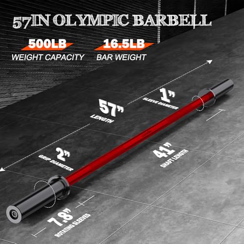 57"Olympic Barbell Bar, 2" Standard Straight Bars for Weight Lifting | Barbells Bar for Bench Press/Squats/Hip Thrusts/Lunges/Biceps- Home Gym Weight Bar- 2 Spring Collars(500lb Weight Capacity) - color: Red