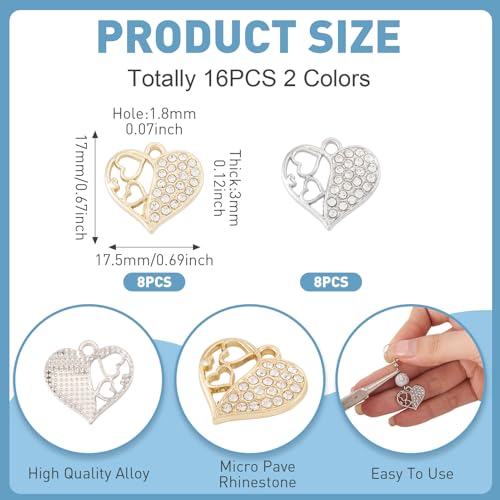 Elecrelive Crystal Heart Charms Rhinestone Heart Pendants Valentine Charms for Necklace Bracelet Earring Wedding Jewelry - color: Platinum & Golden