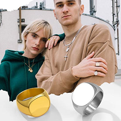 GoldChic Jewelry Personalized Signet Rings Men Women, Stainless Steel Custom Photo Bold Square/Oval Monogram/Old English Initial Pinky Stacking Statement Ring in Black/Silver/Gold (Size 7-14) - color: Steel-Blank - Round