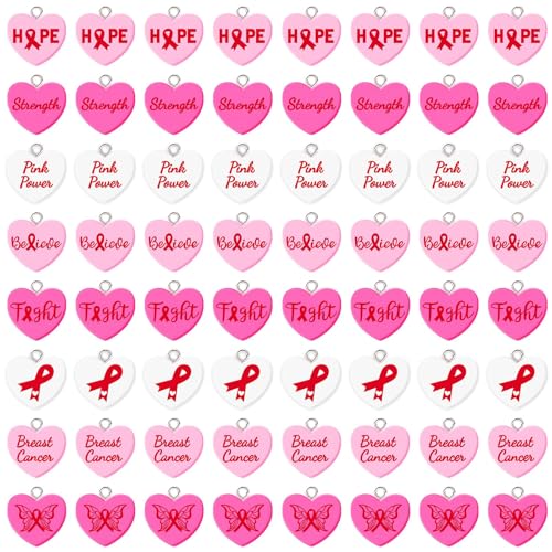64 Pcs Breast Cancer Awareness Resin Charms, Pink Ribbon Heart Charm | 8 Styles, Breast Cancer Conversation Heart Pendants, DIY Crafts, Bracelet Necklace Earrings Jewelry Making, Decorations - style: Breast Cancer Awareness Style