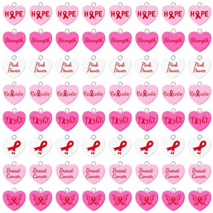 64 Pcs Breast Cancer Awareness Resin Charms, Pink Ribbon Heart Charm | 8 Styles, Breast Cancer Conversation Heart Pendants, DIY Crafts, Bracelet Necklace Earrings Jewelry Making, Decorations - style: Breast Cancer Awareness Style