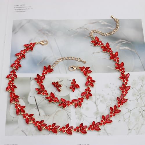 Bridal Wedding Crystal Leaf Choker Necklace Dangle Earring Bracelet Brides Bridesmaid Jewelry Set for Women - color: Siam-Gold Plated