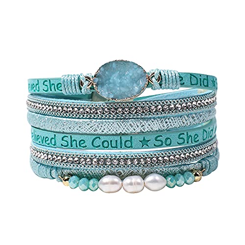 Artilady Leather Wrap Bracelet for Women, Pearl Beaded Bangle Stack Jewelry | Easy on-off, Elegant Handmade Multi-Layered, Daily Casual Date Beach Vacation, Gift for Ladies, Mother, Sister & Friend - style: So She Did, Blue