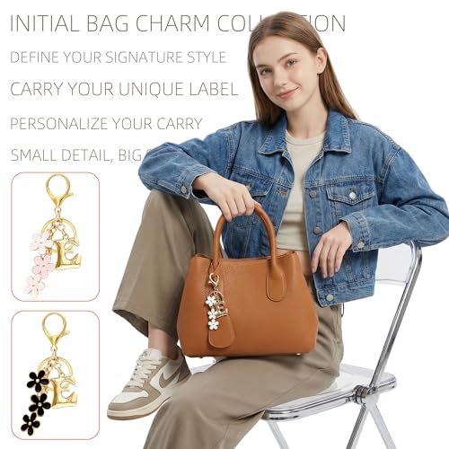 Floral Series Initial Bag Charm, Cute Flower & Bubble Letter Purse Charms, Keychain Accessories Gift for Women - color: White Flower, style: E